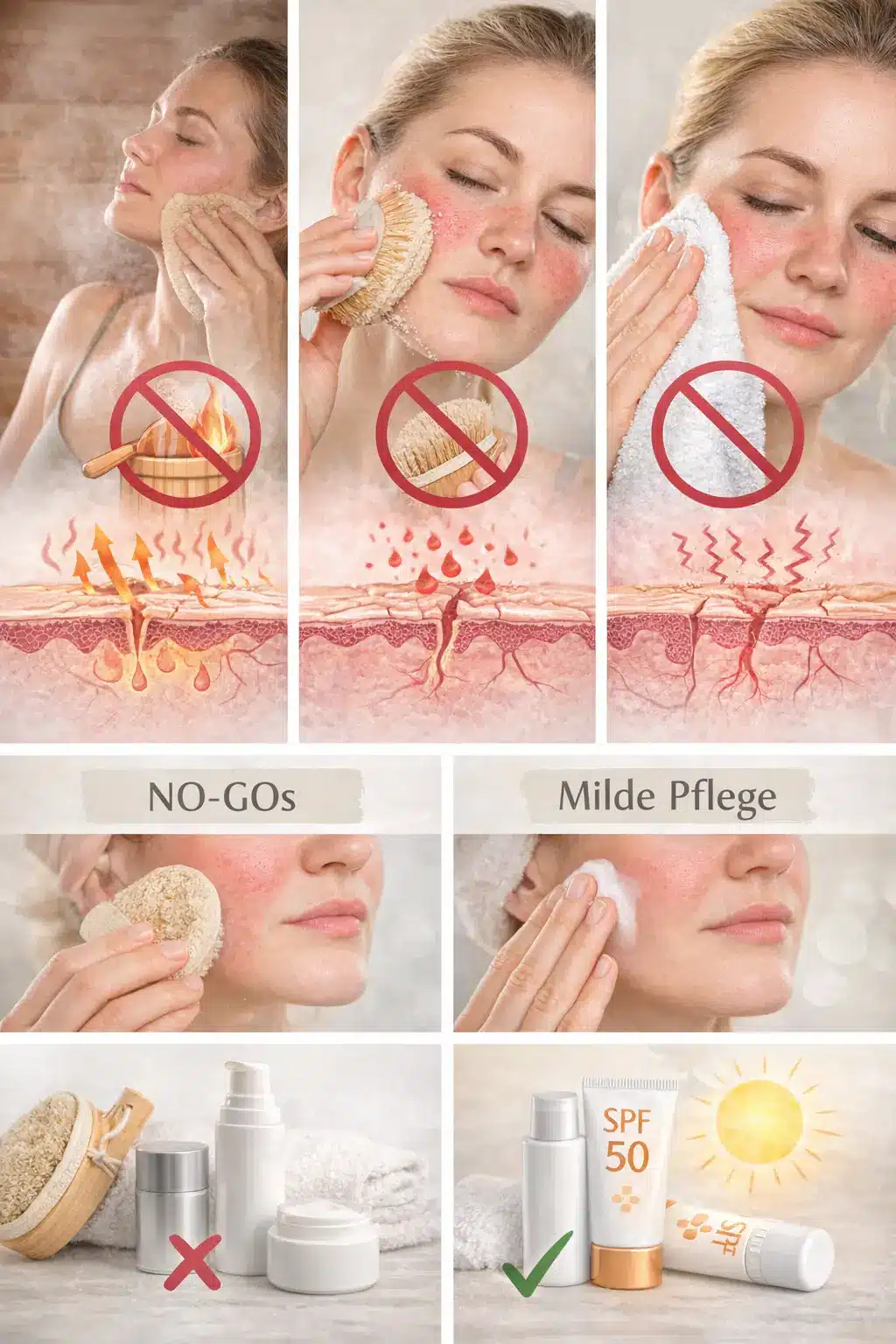 Bildcollage: No-Gos bei Couperose und Rötungen wie Hitze, starkes Rubbeln und harte Peelings sowie milde Pflege und täglicher Sonnenschutz als bessere Alternative.